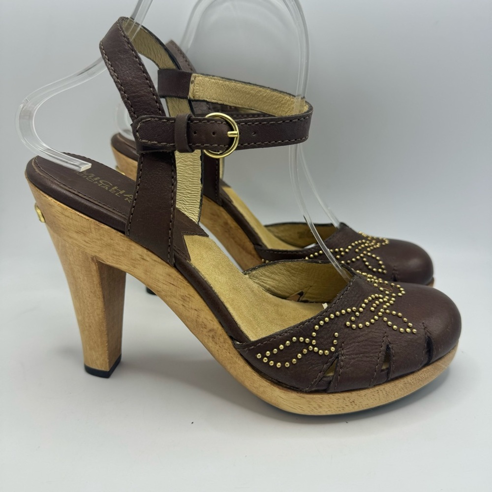 Michael Kors Studded Mary Jane Wooden Clog Heels Size 7.5 Brown Leather 60s